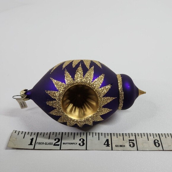 Glass Teardrop Triple Indent Purple Gold Glitter Starburst Ornament Germany - Picture 4 of 4